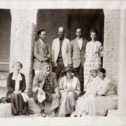 Group photograph of the Metropolitan Museum's Theban Expedition team, early 1920s. Left to right, back row: Walter Hauser, Herbert Winlock, Harry Burton, Mrs. Mace; front row: Minnie Burton, Sir. H. Ryder Haggard, Lady Haggard, Mrs Armstrong, Helen Winlock