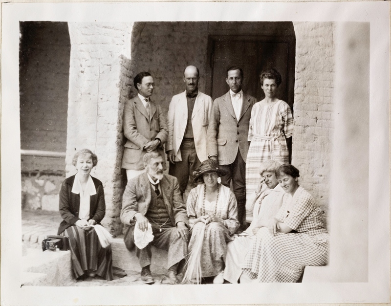 Group photograph of the Metropolitan Museum's Theban Expedition team, early 1920s. Left to right, back row: Walter Hauser, Herbert Winlock, Harry Burton, Mrs. Mace; front row: Minnie Burton, Sir. H. Ryder Haggard, Lady Haggard, Mrs Armstrong, Helen Winlock